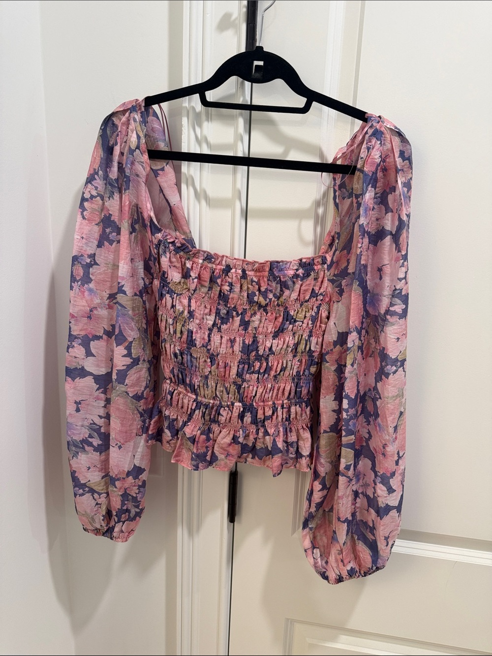 Astr Printed Pink and Blue Smocked Puff-Sleeve Blouse